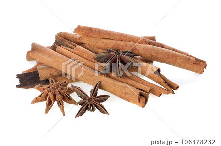 Cinnamon sticks on white background Cinnamon sticks on white background 106878232