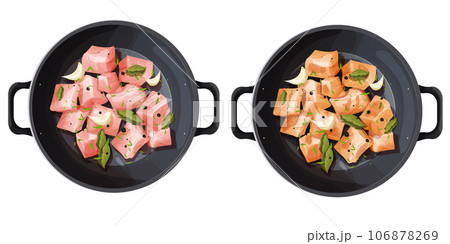 Set Roast chicken fillet chunks or turkey pieces and raw in frying pan with spices, garlic and leaves top view in cartoon style isolated on white background.  106878269
