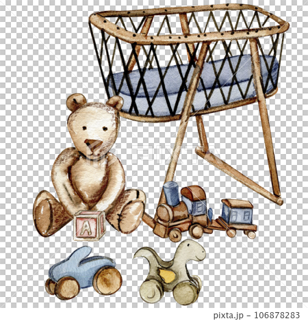 Composition of baby toys. Wooden kids toys watercolor hand drawn. Educational wooden blocks and objects for toddlers. Design for fabric, baby shower party, birthday, cake, holiday design, invitation. 106878283