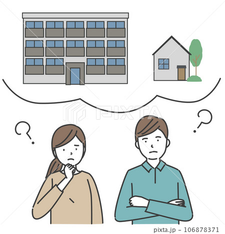 一戸建とマンションを比べて悩む若い男女 106878371
