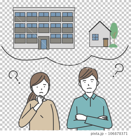 一戸建とマンションを比べて悩む若い男女 106878371