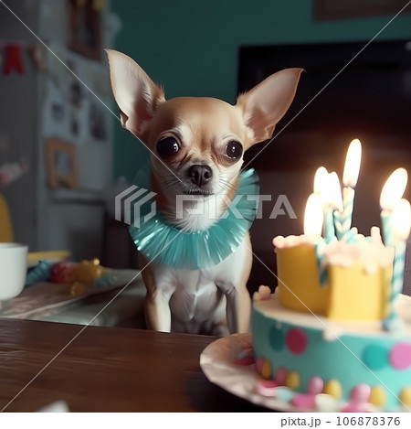 Chihuahua dog with birthday cake and candles on the table	 106878376