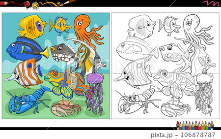 cartoon fish and marine animal characters group coloring page 106878787