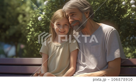 A happy elderly man and a blonde girl are sitting on a bench in the park on a sunny day. 106878910