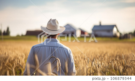 Adult american farmer man standing with back on wheat grass field wearing a hat 106879344