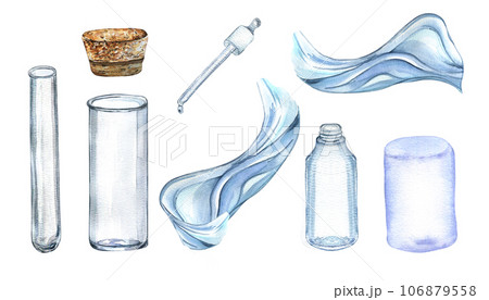 Set of glass flask with cork watercolor illustration isolated on white. Transparent bottle, lab beaker, tube for essential oils, water shape hand drawn. Design element for label, package, wrapping Set of glass flask with cork watercolor illustration isolated on white. Transparent bottle, lab beaker, tube for essential oils, water shape hand drawn. Design element for label, package, wrapping 106879558