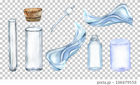 Set of glass flask with cork watercolor illustration isolated on white. Transparent bottle, lab beaker, tube for essential oils, water shape hand drawn. Design element for label, package, wrapping Set of glass flask with cork watercolor illustration isolated on white. Transparent bottle, lab beaker, tube for essential oils, water shape hand drawn. Design element for label, package, wrapping 106879558