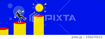 Banner. Contemporary art collage. Monochrome gamma business man, employer Balancing on columns to get money over bright background. Banner. Contemporary art collage. Monochrome gamma business man, employer Balancing on columns to get money over bright background. 106879915