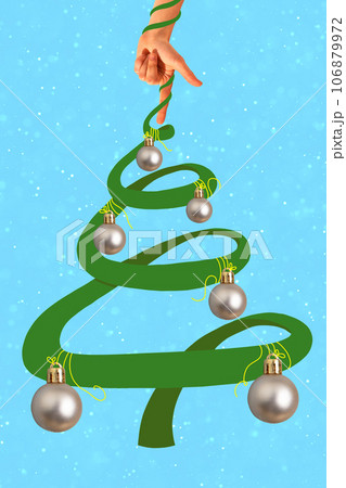Poster. Contemporary art collage. Modern creative artwork. Hand with green ribbon, line in Christmas tree shape with holiday toys, decorations. Poster. Contemporary art collage. Modern creative artwork. Hand with green ribbon, line in Christmas tree shape with holiday toys, decorations. 106879972