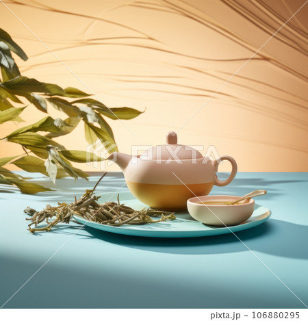A cup of tea and flowers on colorful background 106880295