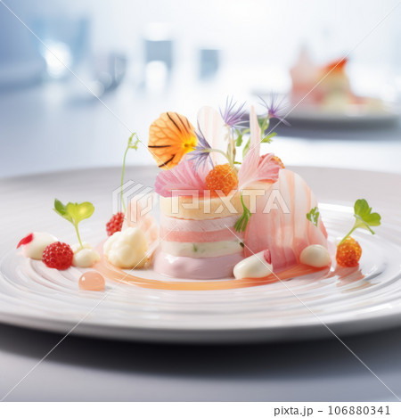 Fine dessert decorated with eatable flowers and served on a plate Fine dessert decorated with eatable flowers and served on a plate 106880341