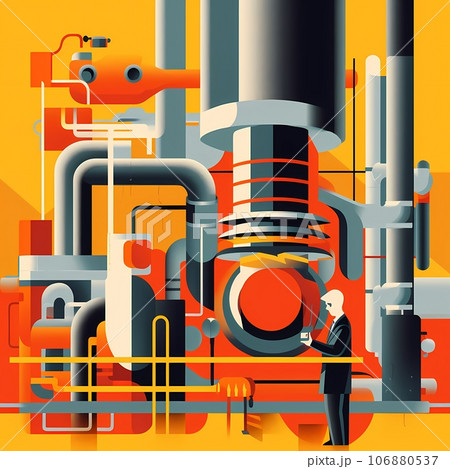 Industrial landscape with factory and workers. Thermal power plant bauhaus style Industrial landscape with factory and workers. Thermal power plant bauhaus style 106880537