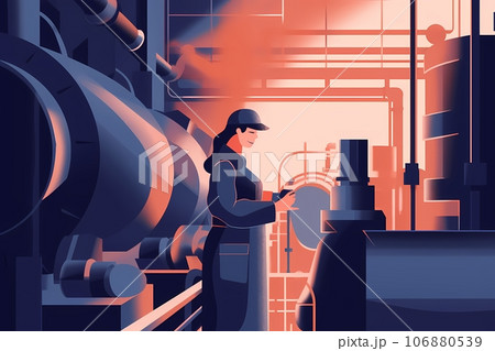 Industrial worker in uniform works in boiler room. Thermal power plant bauhaus style 106880539