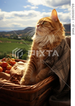 A cat sitting in a basket, AIのイラスト素材 [106880709] - PIXTA