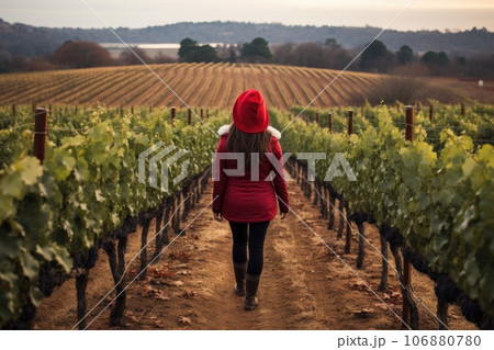 A woman wearing a santa hat walks through a vineyard, AI 106880780