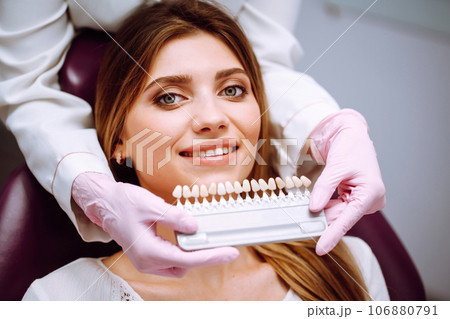 Beautiful woman smile with healthy teeth whitening. Matching shades of the implants. Healthy Smile. Beautiful woman smile with healthy teeth whitening. Matching shades of the implants. Healthy Smile. 106880791