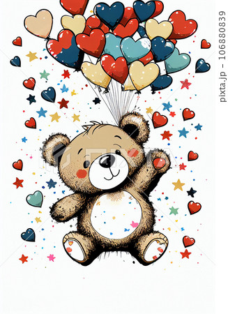 Happy teddy bear in a firework of hearts. Valentine's Day. AI generated 106880839
