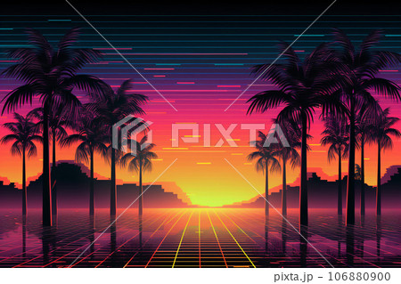Neon light abstract background. Neon glowing lights stage with 80s retro art. Laser lines and LED technology create glow in dark room. Synthwave style wallpaper background. Cyber club. Generative AI. 106880900