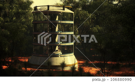 A modern glass greenhouse tower surrounded by lush green forest A modern glass greenhouse tower surrounded by lush green forest 106880990