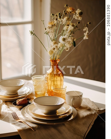 Autumn table decor, brown and beige fall home interior decoration, afternoon light Autumn table decor, brown and beige fall home interior decoration, afternoon light 106881390