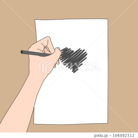 Hand drawing a heart with a pencil and a white sheet of paper. Pencil in a left hand. Artist at work. Left-handed painter. Vector illustration Hand drawing a heart with a pencil and a white sheet of paper. Pencil in a left hand. Artist at work. Left-handed painter. Vector illustration 106882512