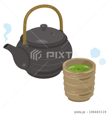 湯呑み茶碗に入った茶柱の立ったお茶と急須 106883119