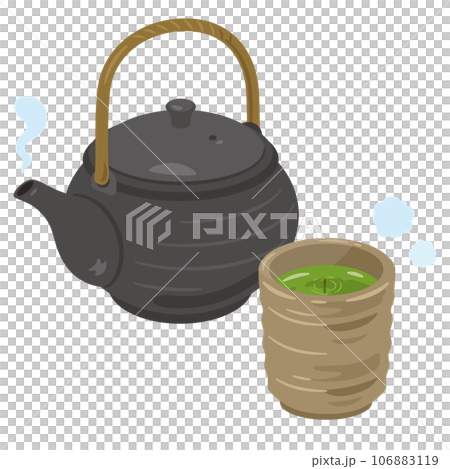 湯呑み茶碗に入った茶柱の立ったお茶と急須 106883119