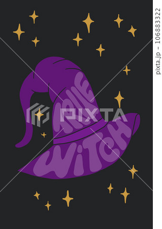 Halloween groovy retro typographic illustration with witch hat. Flat vector composition with text True witch in shape of hat and stars on dark background. Good for poster, tshirt print, decoration 106883322
