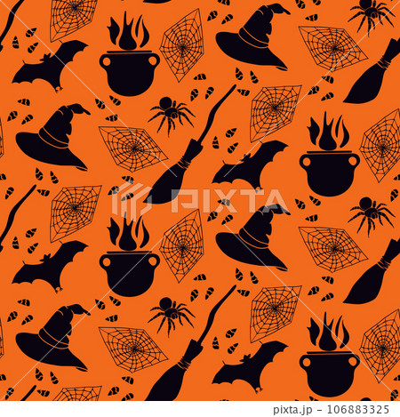 Black and orange silhouette halloween seamless pattern. Isolated hand drawn bat, cauldron, spider, spider web, witch, mop, candy corn. Holiday design for wrapping paper, textile, decoration, scrapbook 106883325