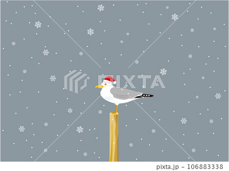 雪の結晶が降る中、杭に止まるサンタ帽のカモメのイラスト 雪の結晶が降る中、杭に止まるサンタ帽のカモメのイラスト 106883338