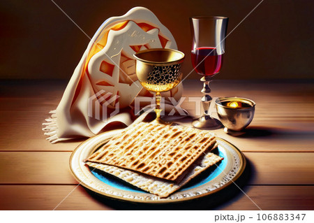 Pesach Jewish traditional celebration with cup wine kosher matzah on passover holiday 106883347
