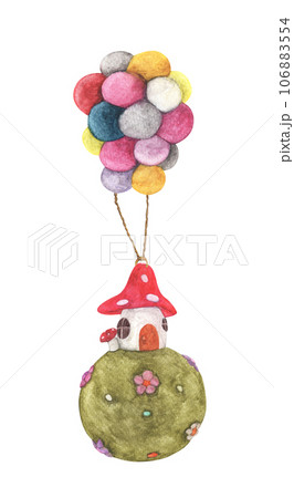 Mushroom house and Green grass ball hanging with colorful balloon,. Watercolor illustration. 106883554