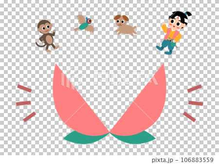 破裂的桃子、狗、猴子、雉雞和桃太郎的插圖 破裂的桃子、狗、猴子、雉雞和桃太郎的插圖 106883559