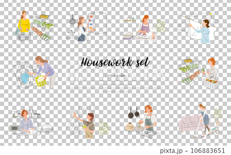 矢量插畫素材：婦女做家務，人們設置 106883651
