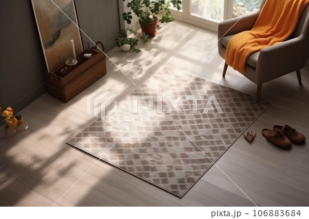Modern room interior with stylish rug and furniture, above view Modern room interior with stylish rug and furniture, above view 106883684