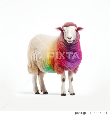 Colorful sheep standing in front of white background made with Generative AI 106883821
