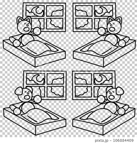 Line drawing set of dog and cat sleeping in the futon at bedtime Line drawing set of dog and cat sleeping in the futon at bedtime 106884409