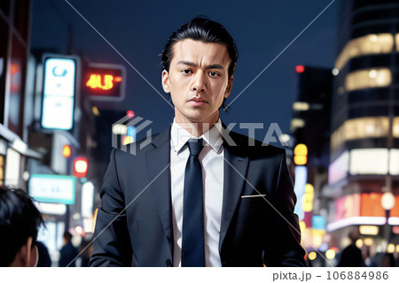 夜の都会を怖い顔をして歩くスーツ姿の男性,generative ai 106884986