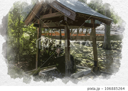 水彩画風　賣沼神社　売沼神社　手水舎　鳥取県鳥取市 106885264