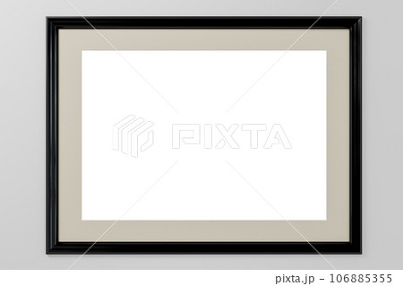 Black frame mock up on grey wall. Poster mockup. Clean, modern, minimal frame. Empty frame Indoor interior, show text or product. 106885355