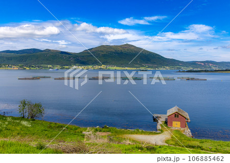 Aerial footage Farm salmon fishing in Norway 106885462