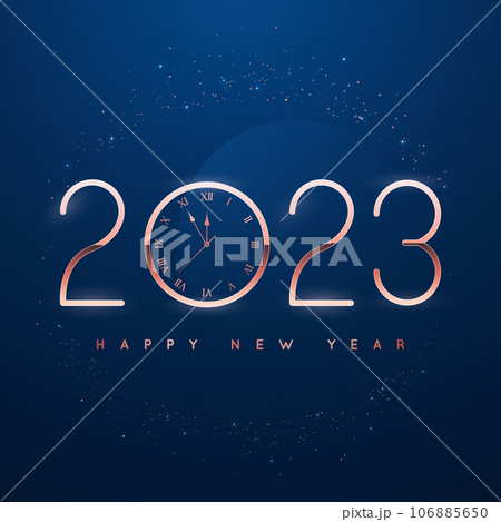 Happy New Year 2023 with rose gold clock face and confetti glitter  106885650