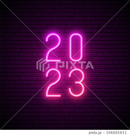 2023 Neon shining effects numbers on dark brick wall background.  106885651