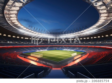 Football stadium at night, soccer stadium with ongoing game at night.  Drone view. AI Generative. 106885754