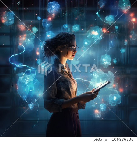 Staying up to date with technology in a fast moving world, concept. A young asian woman is using an innovative future technology to view her phone data and functions in holographic display around her. 106886536