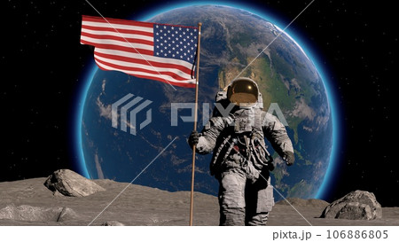 Lunar astronaut walks on the moon with American flag and salutes. Some Elements of this video furnished by NASA. 3d rendring. 106886805