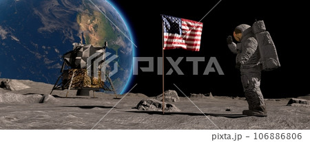Lunar astronaut jumping on the moon and saluting the American flag. Astronaut walking on the moon. Some Elements of this video furnished by NASA. 3d rendering. Lunar astronaut jumping on the moon and saluting the American flag. Astronaut walking on the moon. Some Elements of this video furnished by NASA. 3d rendering. 106886806