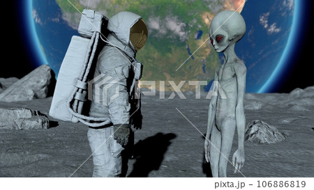 An astronaut and a gray alien stand looking at each other on the moon. First contact.. Planet Earth Is Visible. UFO futuristic concept. 3D rendering. An astronaut and a gray alien stand looking at each other on the moon. First contact.. Planet Earth Is Visible. UFO futuristic concept. 3D rendering. 106886819