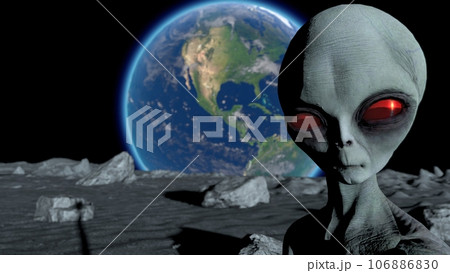 Scary gray alien stands on the moon and looks blinking. Planet Earth Is Visible. UFO futuristic concept. 3D rendering. 106886830