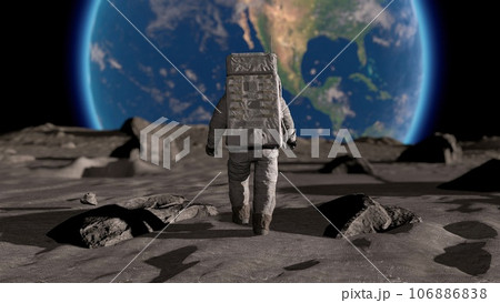 Lunar Astronaut In Space Suit Walking On the Moon. Planet Earth Is Visible. 3d rendring. 106886838